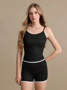 SHEIN 女士撞色边饰吊带背心和修身短裤运动休闲装 - 黑色 - 查看 6
