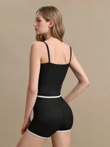 SHEIN 女士撞色边饰吊带背心和修身短裤运动休闲装 - 黑色 - 查看 7