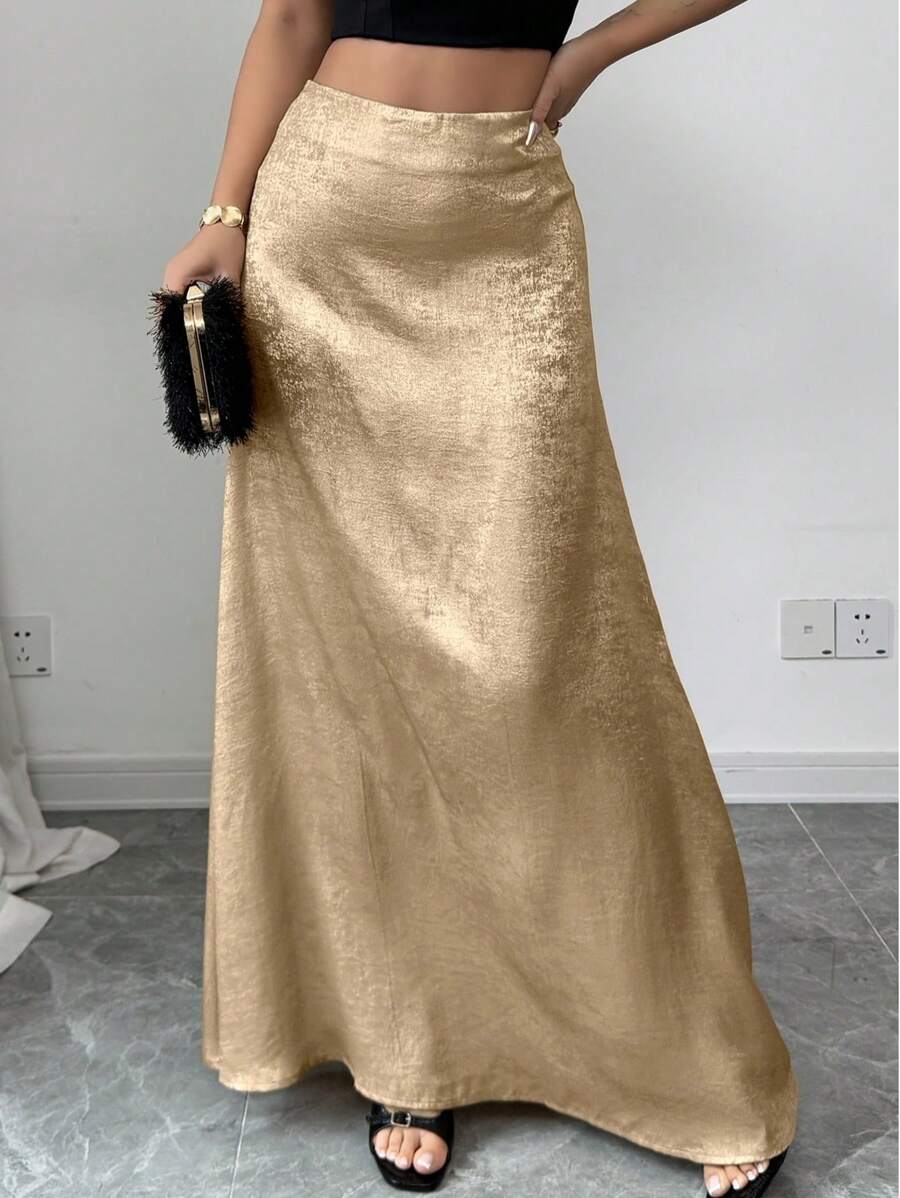 Rafferiza 女式简约高腰修身锡箔印花美人鱼下摆长裙 - 卡其色 - 查看 1