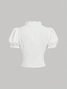 SHEIN MOD V 领荷叶边拼布泡泡袖收腰衬衫，女士夏季服装，趣味衬衫，优雅女士衬衫，白色女士衬衫 - 白色 - 查看 2