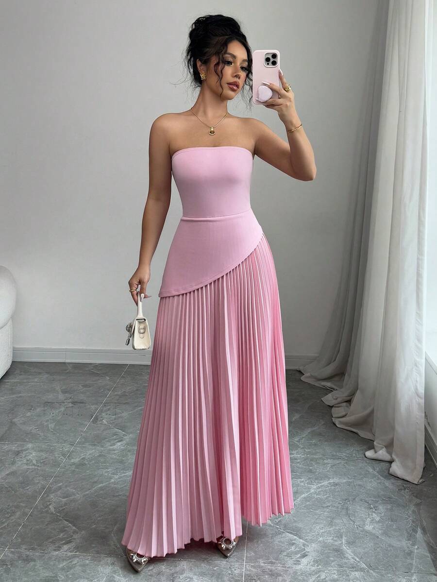 Elenzga Đầm suông không tay xếp ly eo màu trơn thanh lịch cho nữ đi nghỉ và đi làm - Hồng - Xem 1