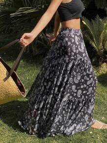 DAZY Jupes mi-longues à taille élastique imprimé floral, jupe décontractée pour femmes en vacances au printemps/été, vêtements d'automne