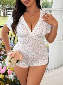 Flirla Plus Size Summer Sexy Contrast Lace V-Neck Heart Print Romper - Multicolor - View 6