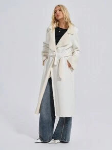 EURMUSE Coat With Lapels, Slant Pockets, Belt - White - View 7