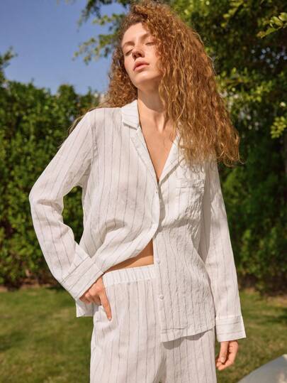 Ocili Leisure Natural Linen Comfortable Turndown Collar Striped Women Sleepwear Top