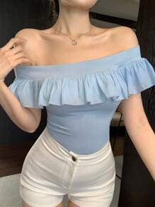 DAZY Blusa de punto con un hombro, manga corta y volantes en el borde, top con un hombro descubierto para mujer - Azul - Ver 2