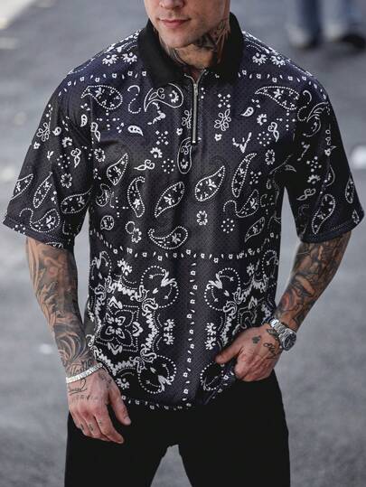Manfinity LEGND Camisa polo casual de manga corta con estampado paisley para hombre