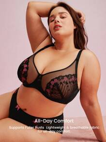 LUVLETTE 女士刺绣优雅内衣休闲曲线透视全覆盖支撑透气钢圈性感无衬里心形黑色蕾丝迷你文胸新娘内衣 - 黑色 - 查看 4