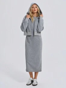 SHEIN Tall 2 Pcs Dress And Front Zipper Detailed Jacket - Grey - View 5