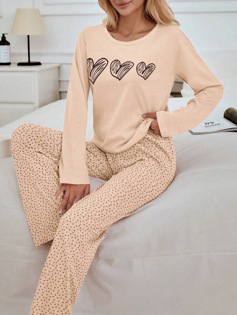 EURMUSE 100% Cotton 2Pcs  Heart Printed PJ Set - Dusty Pink - View 1