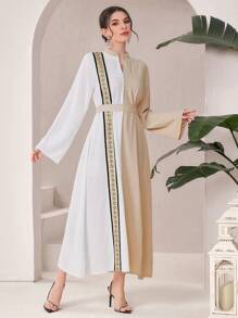 Modelyn Women's Solid Color Splicing Stand Collar Long Sleeve Minimalist Long Abaya Dress