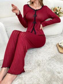Two-Tone Ruffle & Bow Decor Hem Slit Waist Long Sleeve Pajama Set For Women - Red - View 1