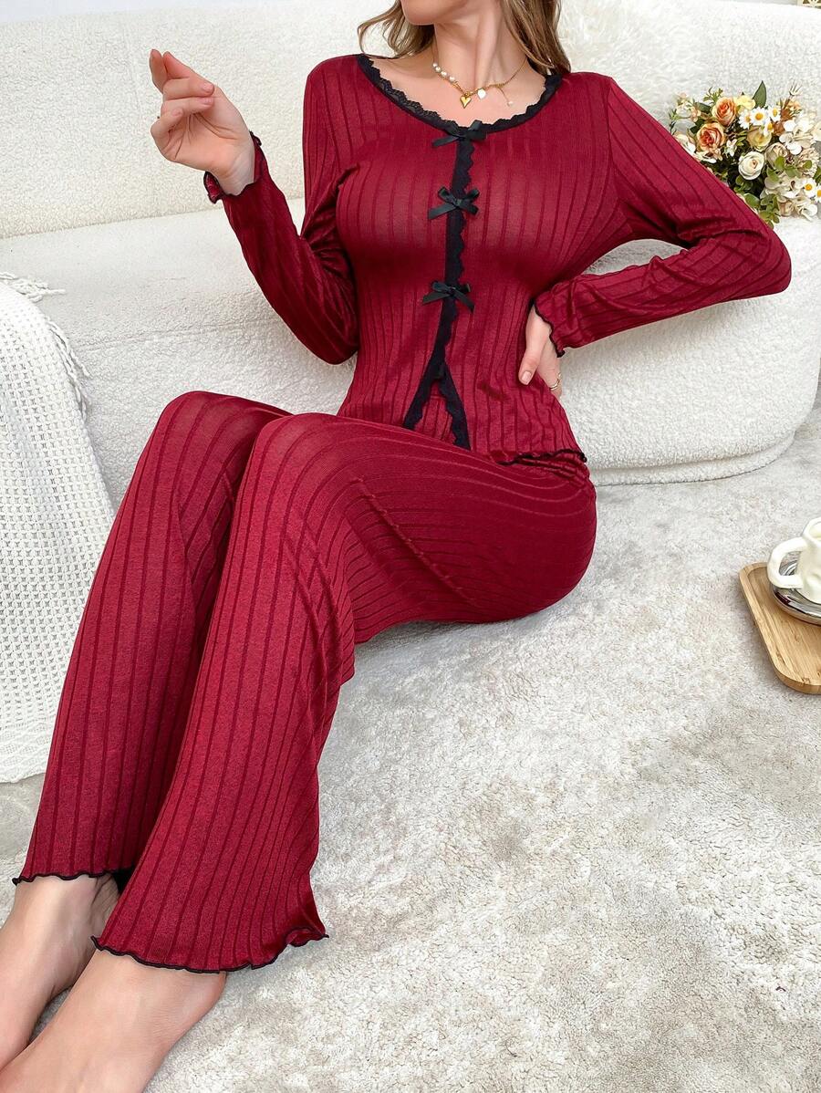 Two-Tone Ruffle & Bow Decor Hem Slit Waist Long Sleeve Pajama Set For Women - Red - View 1