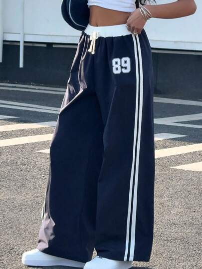 SHEIN Teen Girl Blue & White Print Waist Contrast Color Loose Casual Vacation Wide Leg Pants, Spring & Summer