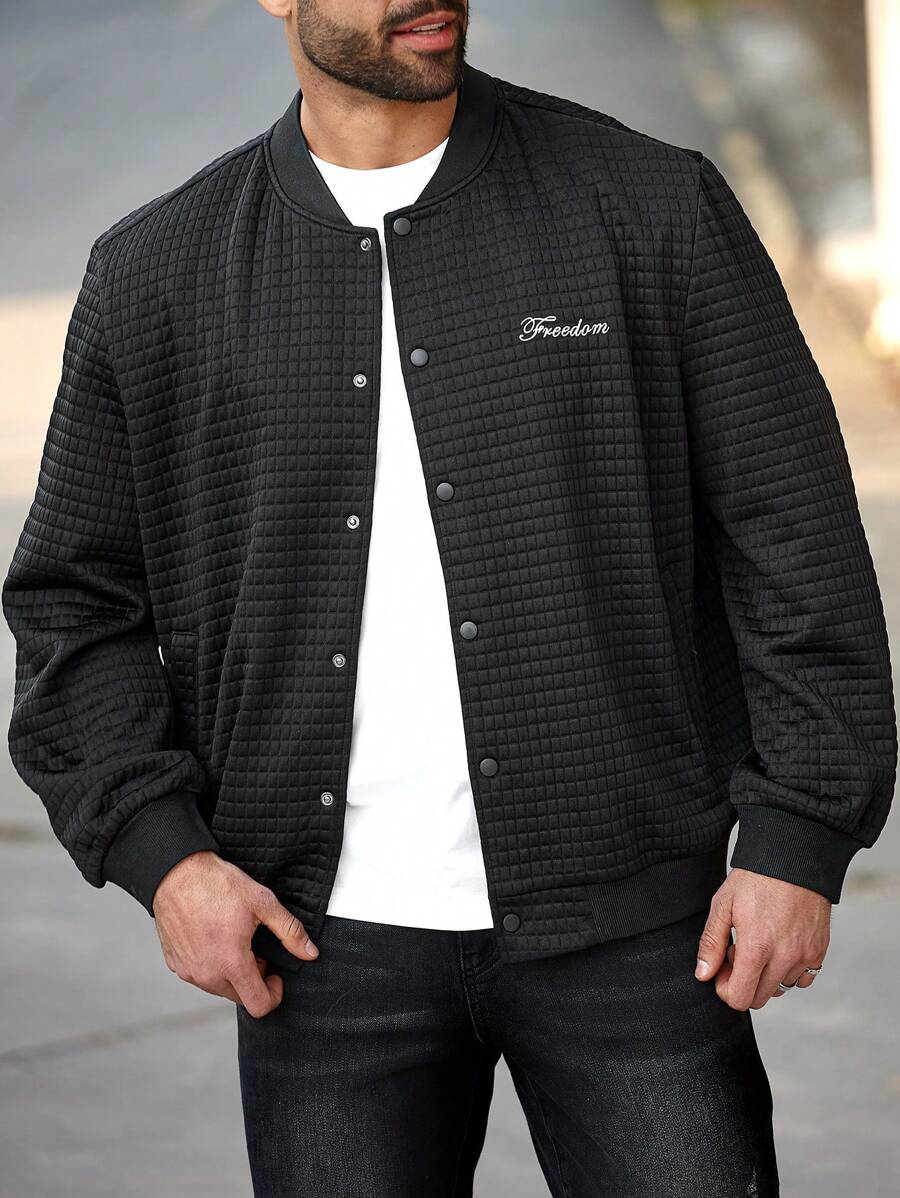 Manfinity Homme Men's Checkered Embroidery Baseball Collar Jacket - Black - View 1