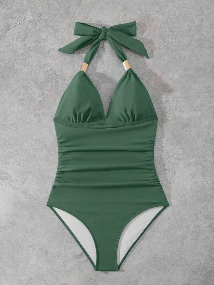 Swim Lushoire Maiô feminino de uma peça, sem costas, com amarração, em cor sólida, com ajuste simples, para verão e praia. - Verde - Visão 5