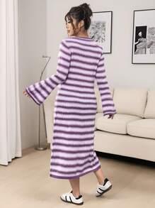 Calvaya 大码紫色渐变条纹半拉链圆领毛衣裙，独特设计展示领口，同时易于穿着，采用优质针织面料制成，柔软舒适，温暖，适合毕业典礼、节日、母亲节、万圣节、新年、情人节、感恩节、圣诞节、复活节、国庆节、舞会、除夕 - 淡紫色 - 查看 2