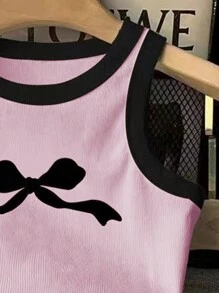 Top de camiseta con estampado de lazo lindo para niña preadolescente, sencillo y de moda para uso casual diario - Rosa - Ver 5