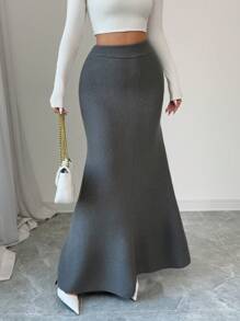 Chiquease 2024 秋冬时尚优雅高腰美人鱼长针织裙 - 灰色 - 查看 3