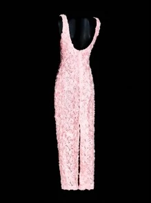 SHEIN ICON Bodycon Rose Floral Jacquard Long Dress - Pink - View 2