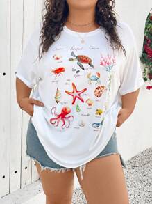 SHEIN CURVE+ Áo phông cỡ lớn, áo phông đơn giản, giản dị, cổ tròn, tay ngắn, họa tiết động vật phong cảnh biển, dáng rộng cho nữ, mùa hè - trắng - Xem 4