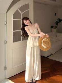 DAZY 女士纯色休闲吊带背心和蕾丝拼布两件套 - 米色 - 查看 9