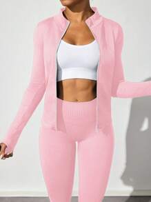 SHEIN Sports 女士纯色前拉链长袖上衣和长裤运动套装，简约 - 彩色 - 查看 7