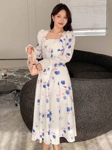 DAZY Mid-Length Ditsy Floral Vacation Dress With Puff Sleeves For Women, Spring/Fall,Ruffle Long Sleeve Dress Easter - Blue - View 4