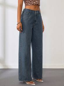 SHEIN Tall Women's Sexy Low Waist Rhinestone Embellished Straight Leg Jeans, Blue