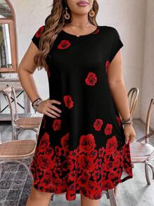 SHEIN LUNE Plus Size Women's Rose Floral Print Knit Round Neck Short Sleeve Loose Casual Fashion Mini Dress - Black - View 6