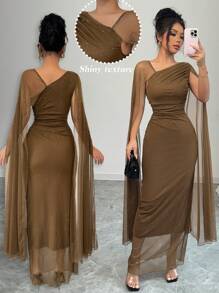 Elenzga Vestido de cóctel ajustado de lujo para mujer con capa de malla tejida de unicolor y mangas plisadas