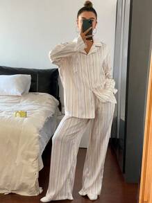 Livesso 条纹印花丝缎宽松睡衣套装，秋装 - 杏色 - 查看 4