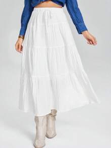 SHEIN LUNE Sun Skirt Boho Western Wear Women Women's Solid High Waist Tie-Up Textured Ruffle Trim Long Skirt