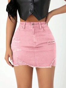 SHEIN PETITE Casual Denim Midi Skirt, Simple Fashion For Everyday Wear - Pink - View 1