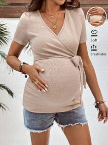 SHEIN Pregnant Women Loose C-Tie Wrap Nursing T-Shirt, Casual Vacation