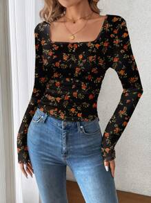 SHEIN LUNE Camiseta de manga larga con cuello en V con estampado de rosas y recogida, adecuada para el verano