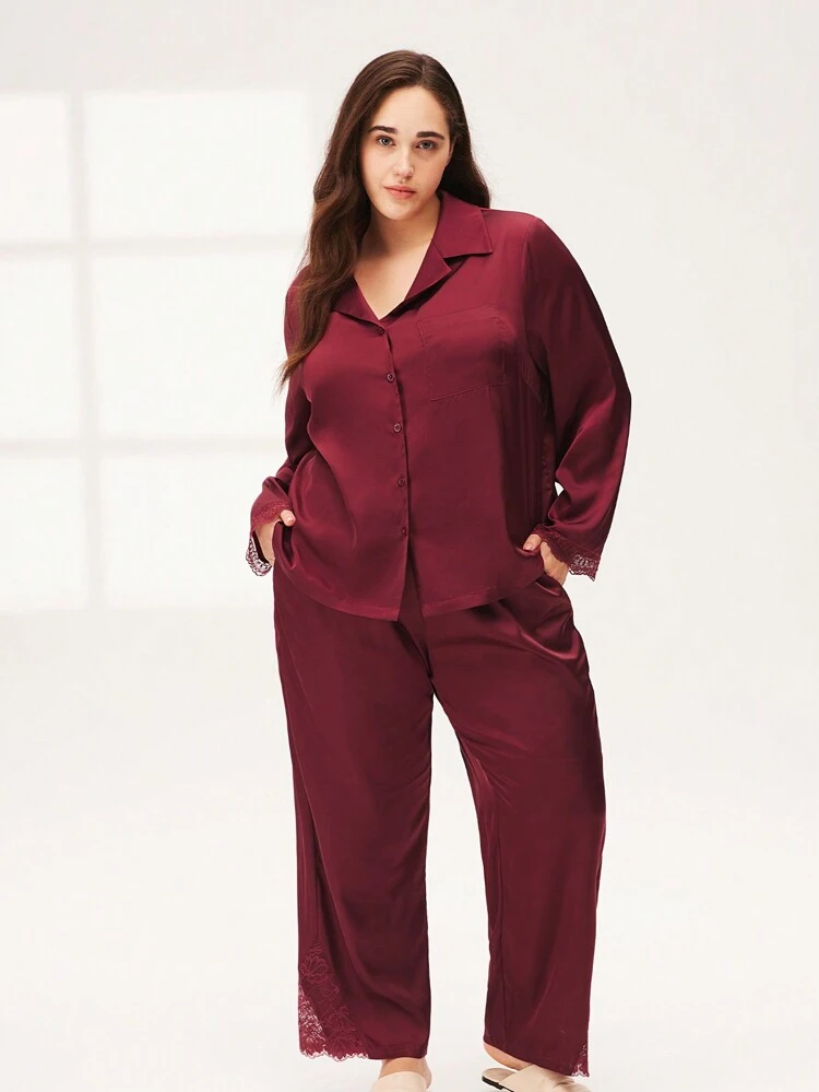 Pijama de Navidad y Año Nuevo Plus, conjunto de pijama de pantalón y blusa superior con botones, de satén sedoso rojo y burdeos, con elegante y lujoso encaje, con bolsillos, para mujer