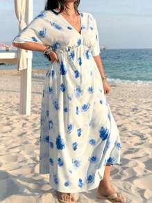 SHEIN VCAY Plus Size Floral Print Batwing Sleeve Summer Vacation Dress, Beach Outfits For Woman Beach Vacation Outfits, Spring Outfits For Women, Summer Outfits For Women, Graphic Outfits Women, Concert Outfit Women, Rave Outfits Festival - Blue and White - View 3