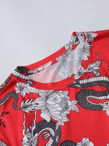 Manfinity EMRG Men's Fashionable Dragon And Floral Print Short Sleeve T-Shirt, For Chinese New Year