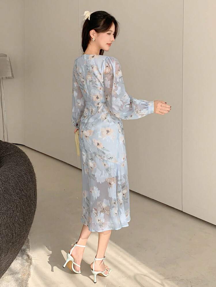 Women V-Neck Floral Print Midi Dress With Puff Sleeves,Fall Dress Long Sleeve Dress