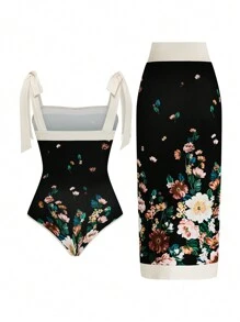 SHEIN Unity 大码优雅花卉印花绑带紧身衣搭配裹身裙 2 件套，修身款，适合夏季女士