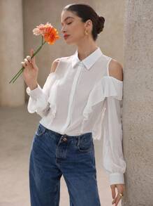 GENKIRA White Ruffled Ruffle Sheer Elegant Blouse For Women, Long Sleeve - White - View 5