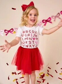 SHEIN 2件套少女情人节/开学100天纪念图案T恤和网纱泡泡裙，2025夏季时尚，可爱甜美 - 紅色 - 查看 3