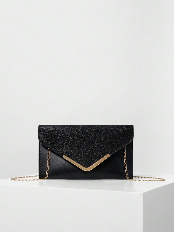 1pc Glittering V-Shaped Gold-Tone Metal Frame Women Evening Bag, Sparkly, Prom Bag For Party