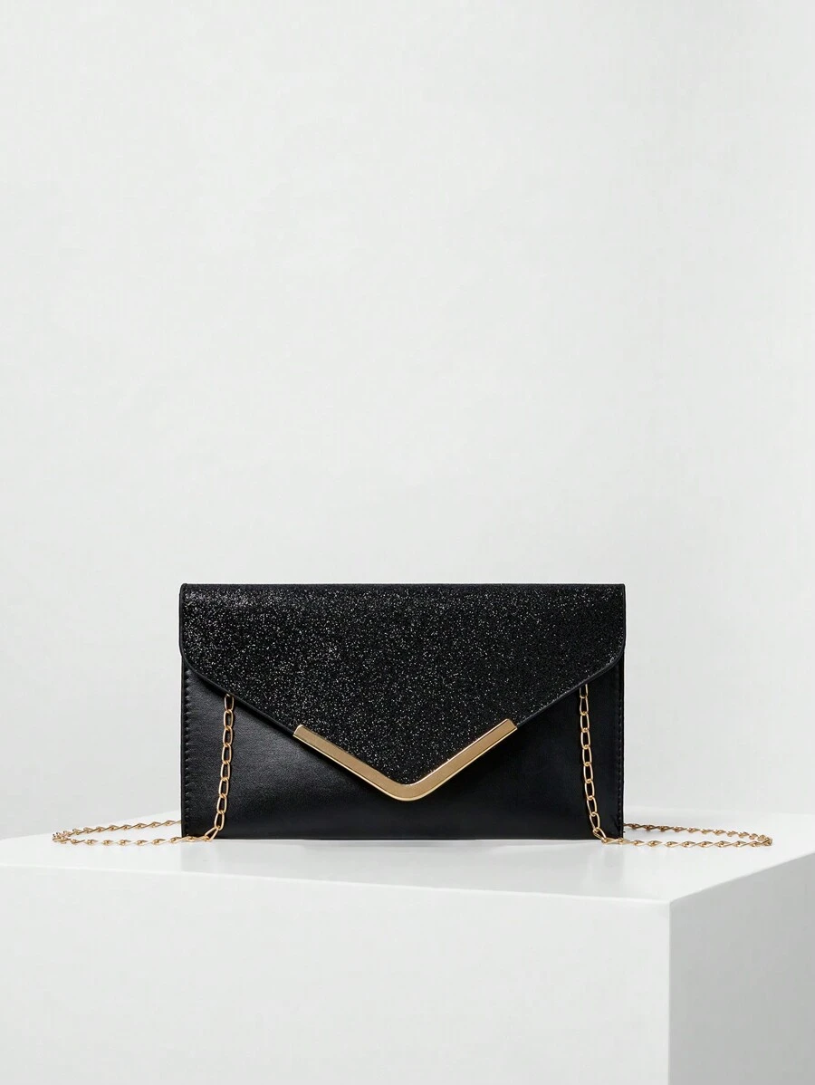 1pc Glittering V-Shaped Gold-Tone Metal Frame Women Evening Bag, Sparkly, Prom Bag For Party Winter Gifts