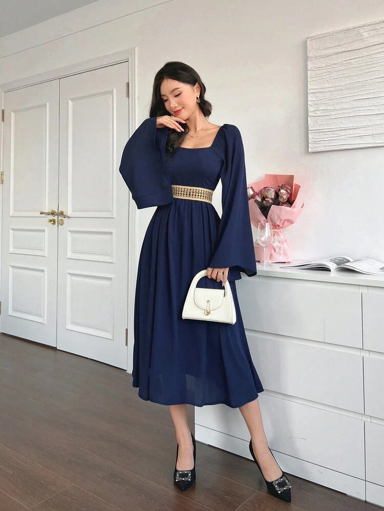Women Square Neck Solid Color Splice Long Sleeve Simple Elegant Mid-Length Dress Prom Dress,Formal Women Dresses,Fall Dress Carnival Maxi Dress