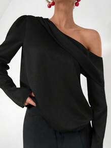 Roylia Solid Color Asymmetrical Collar Satin Office Formal Long Sleeve Shirt For New Year Clothes One Shoulder Top - Black - View 3