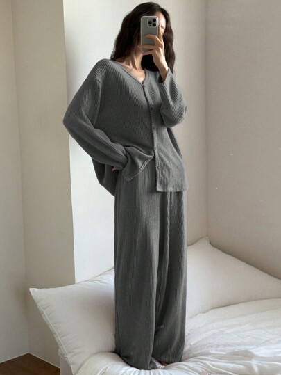 DAZY Simple Stripe Texture Flannel Spring Women Pajama Sets Fall,Winter Clothes