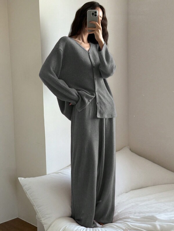 DAZY Simple Stripe Texture Flannel Spring Women Pajama Sets Fall,Winter Clothes