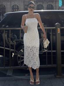 DAZY 女士蕾丝细肩带休闲紧身中长连衣裙太阳裙 - 白色 - 查看 2